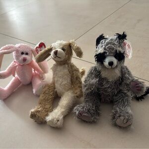 3 Beanie Babies, Strawbunny, Radcliffe and Scruffy the Dog plush trio